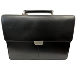 Quindici Luxury Designer Black Leather Locking Flapover Briefcase Business Bag