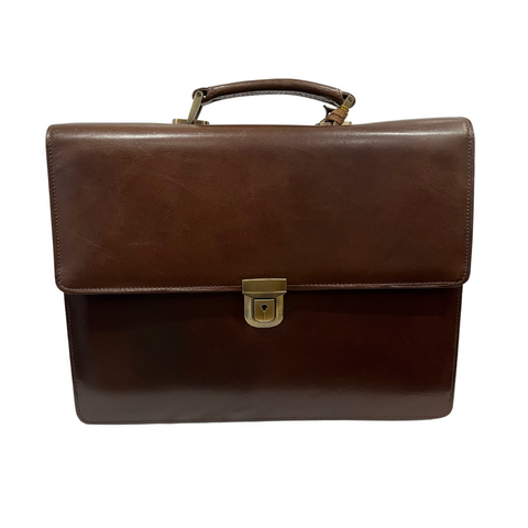 Quindici Luxury Designer Brown Leather Flapover Briefcase Business Bag