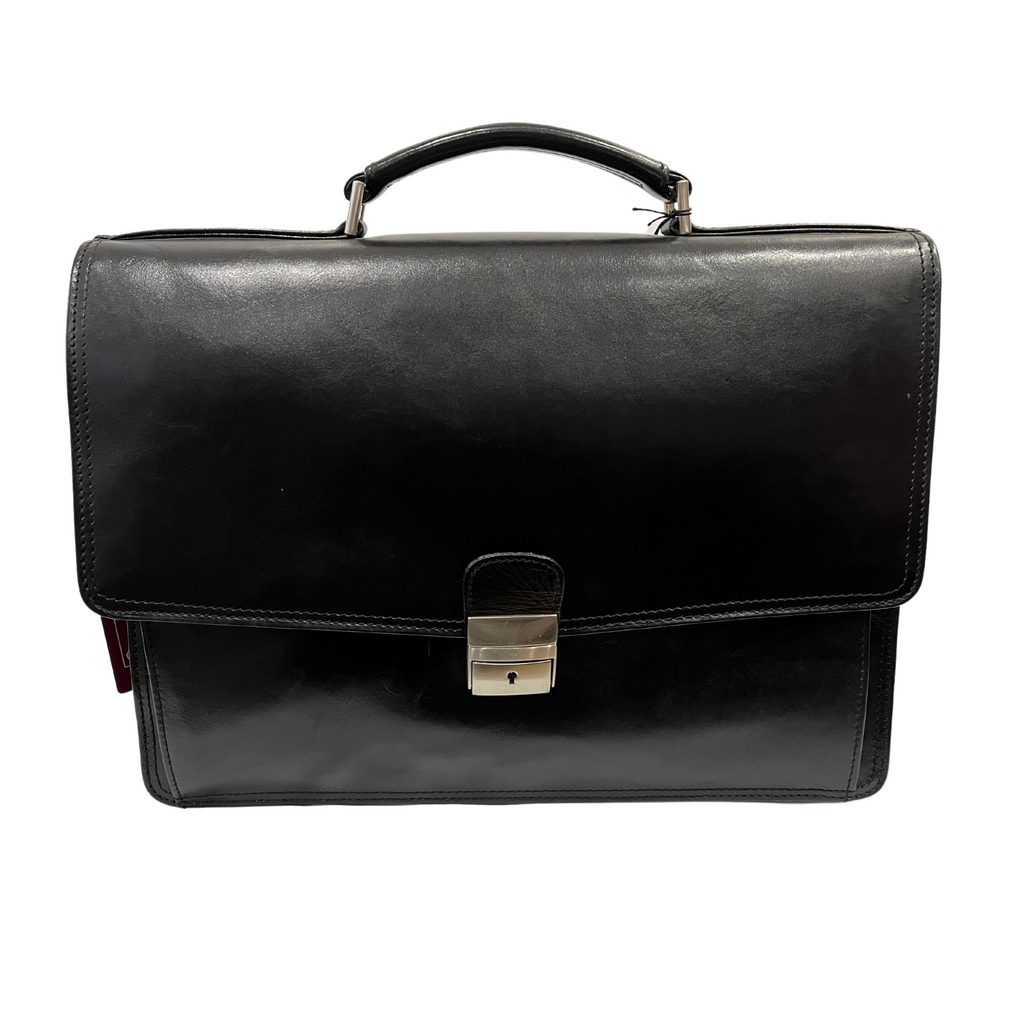 Quindici Luxury Designer Black Leather Flapover Briefcase Business Bag