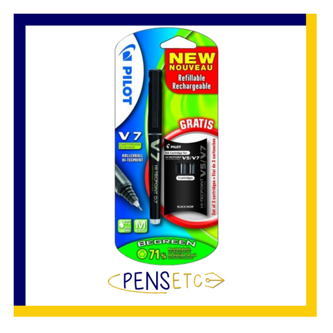 Pilot V7 Hi-Tecpoint 0.7 Fine Roller Ball Pen x1 Black + 3 Refills FOC New