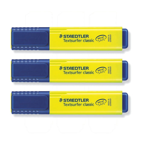 Staedtler Textsurfer Classic Yellow Highlighter 3 Pack with 1-5mm Tip and Fast Drying Ink