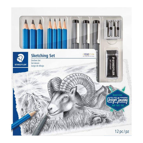Staedtler Sketching Set 12 Piece Pencils, Pigment Liner, Sharpener, Eraser