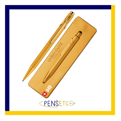 Caran D'Ache Gold Bar Metal Ballpoint Pen 849 All Gold Pen + All Gold Gift Box
